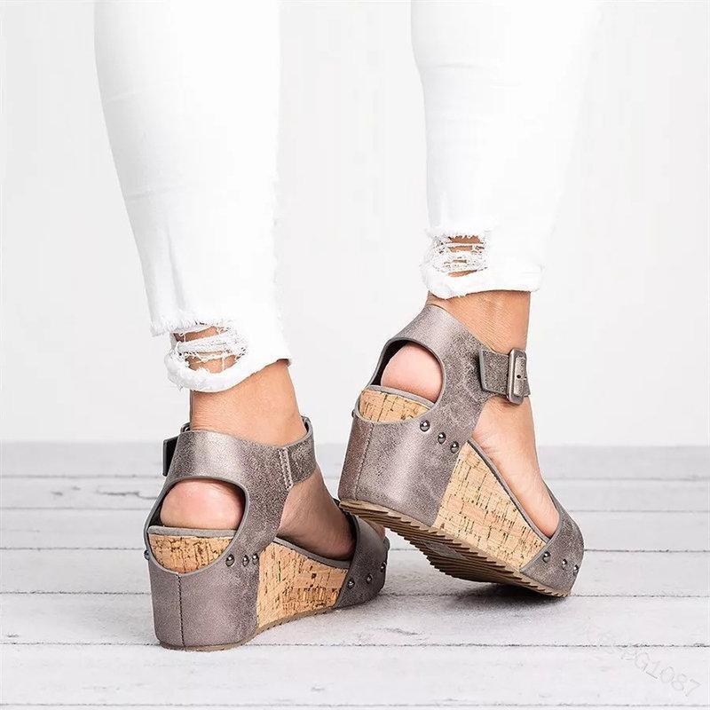 Peep Toe Buckle Strap Wedge Heel Sandals