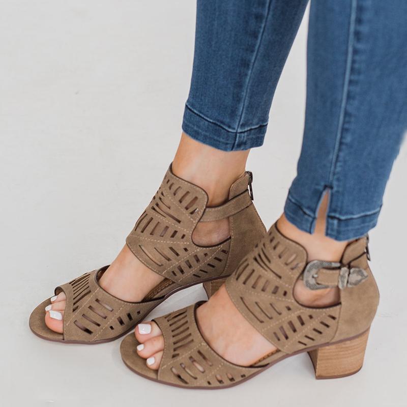 Women Artificial Leather Chunky Heel Adjustable Buckle Sandals Casual Shoes