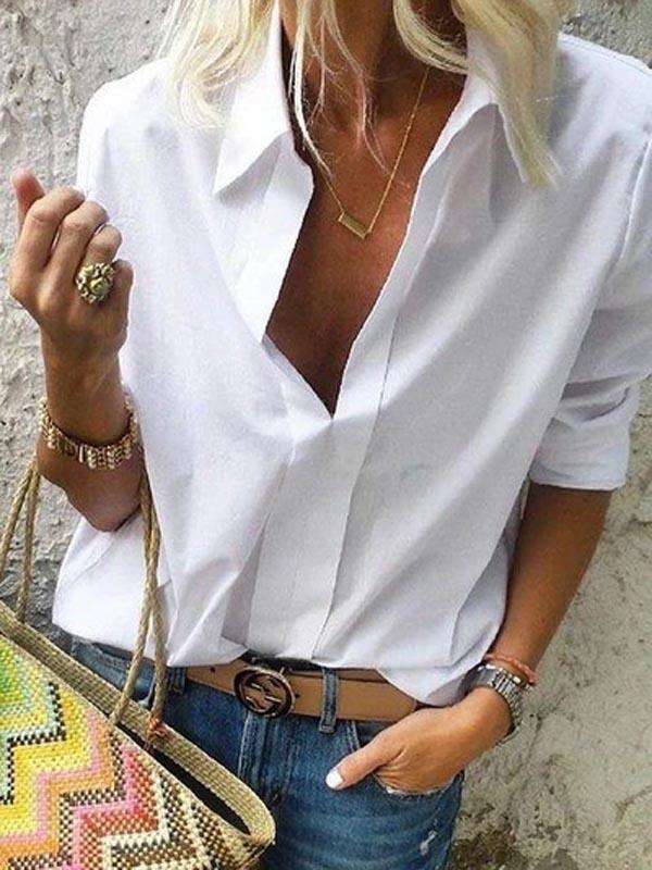 Women Long Sleeves Shirt Collar Solid Casual Shirts