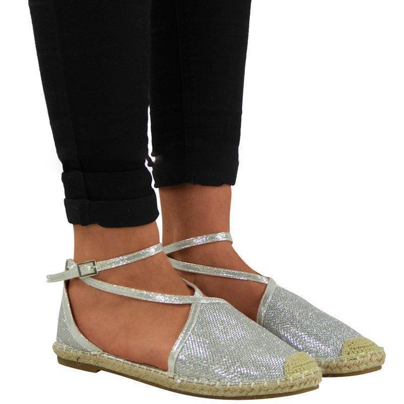 Women Flat Heel Espadrille Shoes Buckle Shining Sandals