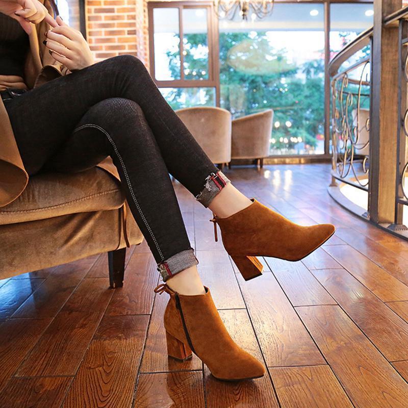 Women Fashion Nubuck Leather Ankle Height Pointed Toe Boots Pumps