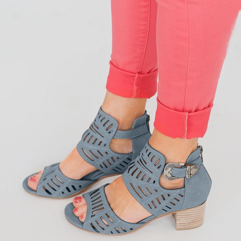 Women Artificial Leather Chunky Heel Adjustable Buckle Sandals Casual Shoes