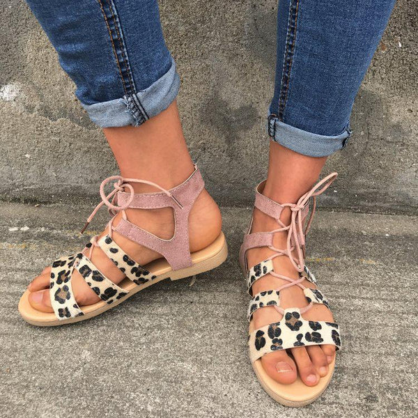 Leopard Patchwrok Lace-up Sandals Peep-toe Shoes