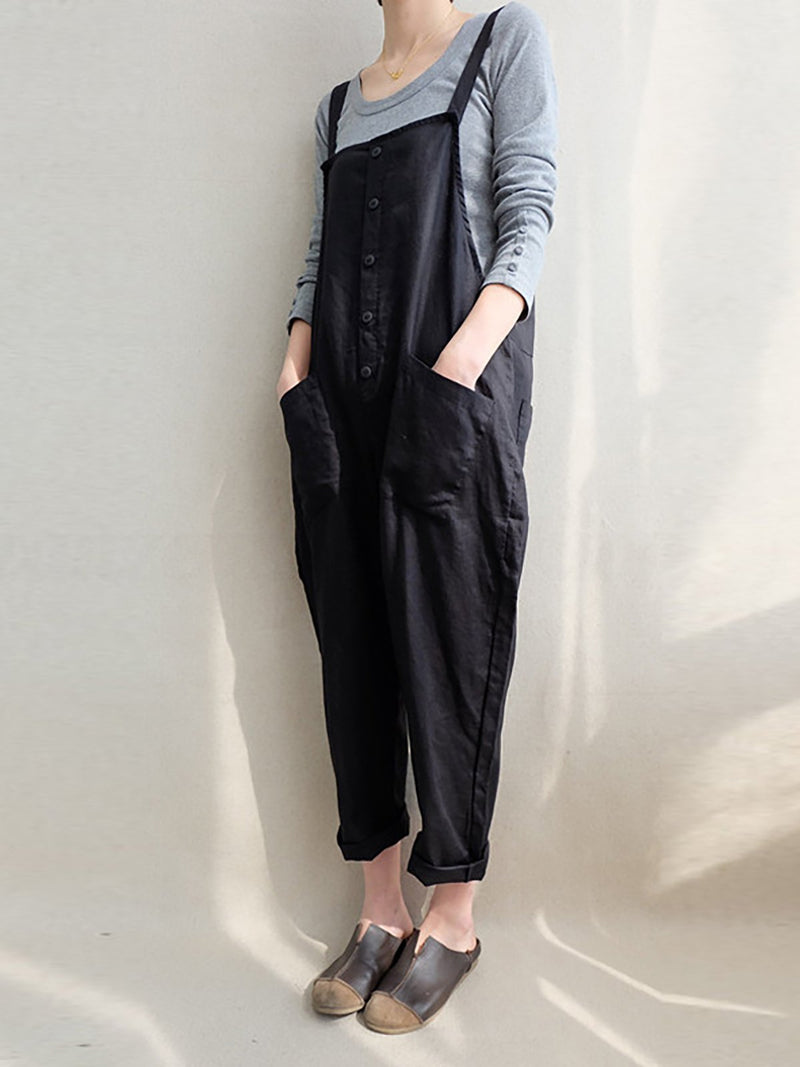 Women Cotton Solid Pockets Plus Size Casual Jumpsuit