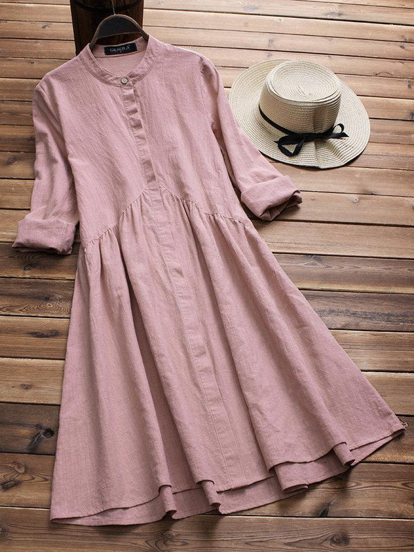 Stand Collar Pleated Solid Color Long Sleeve Cotton Dresses