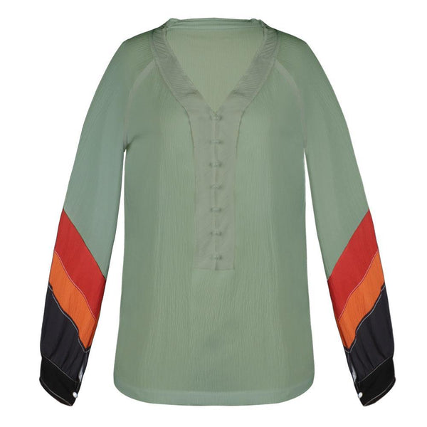 Women Color-Block Balloon Sleeve Casual Blouse